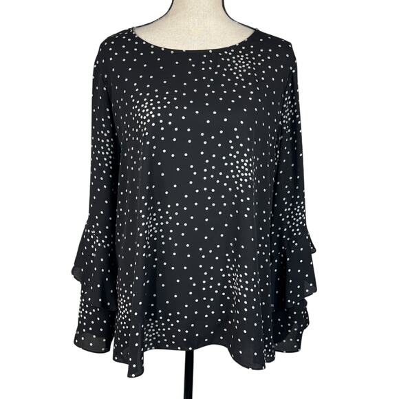 Worthington X-Large Top Polka Dot Long Flared Sleeves Keyhole Semi-Sheer Black - Picture 1 of 10